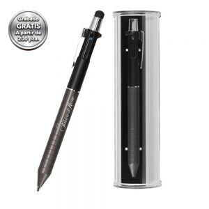 Bolígrafo metálico con mecanismo retráctil de 4 tintas (Negro, rojo, azul, gris) y goma óptica touch screen. Incluye estuche.